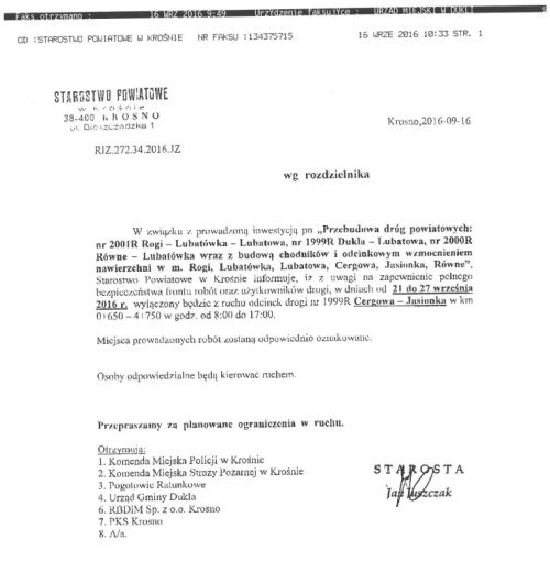 Informacja wylaczony odcinek drogi 1999R